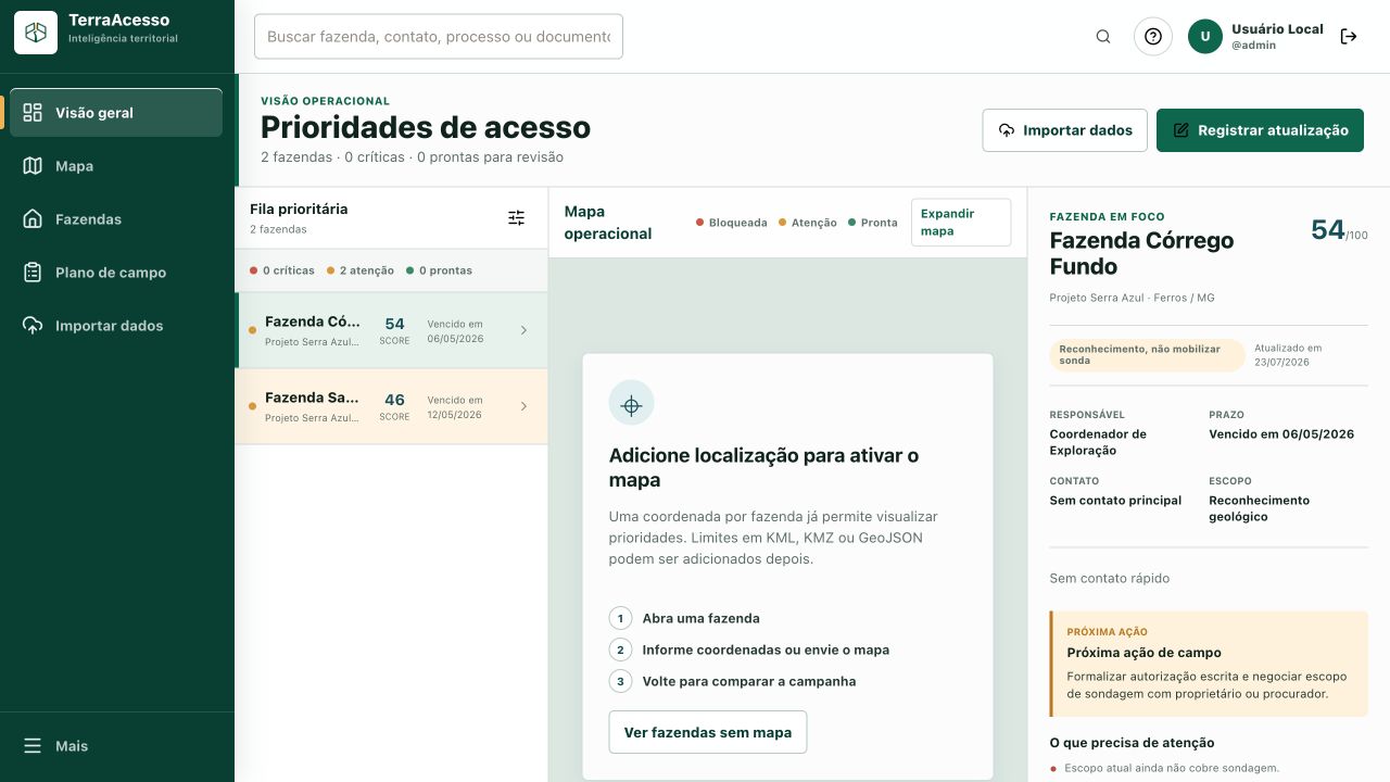 Tela real do TerraAcesso com mapa, fila de fazendas e prioridades de acesso